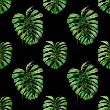 Tekstil tasarımı için suluboya tropikal yaprakları ve çiçekleri olan modern, soyut, dikişsiz desen. Geçmişe dönük parlak yaz geçmişi. Orman yaprakları çizimi. Mayo botanik tasarımı. Antika egzotik baskı.