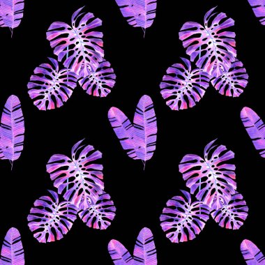 Tekstil tasarımı için suluboya tropikal yaprakları ve çiçekleri olan modern, soyut, dikişsiz desen. Geçmişe dönük parlak yaz geçmişi. Orman yaprakları çizimi. Mayo botanik tasarımı. Antika egzotik baskı.