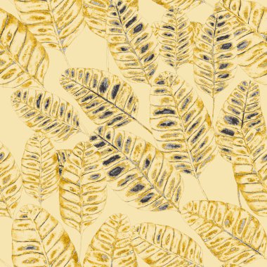 Tekstil tasarımı için suluboya tropikal yaprakları ve çiçekleri olan modern, soyut, dikişsiz desen. Geçmişe dönük parlak yaz geçmişi. Orman yaprakları çizimi. Mayo botanik tasarımı. Antika egzotik baskı.