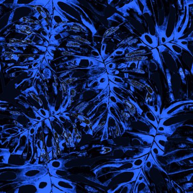 Tekstil tasarımı için suluboya tropikal yaprakları ve çiçekleri olan modern, soyut, dikişsiz desen. Geçmişe dönük parlak yaz geçmişi. Orman yaprakları çizimi. Mayo botanik tasarımı. Antika egzotik baskı.