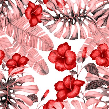 Tekstil tasarımı için suluboya tropikal yaprakları ve çiçekleri olan modern, soyut, dikişsiz desen. Geçmişe dönük parlak yaz geçmişi. Orman yaprakları çizimi. Mayo botanik tasarımı. Antika egzotik baskı.