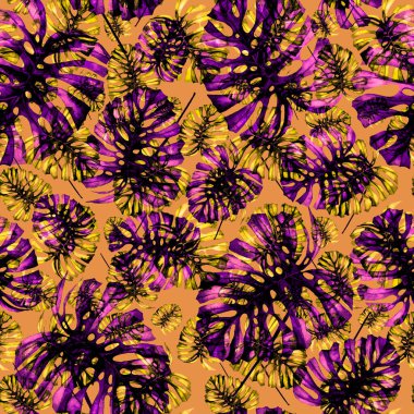 Tekstil tasarımı için suluboya tropikal yaprakları ve çiçekleri olan modern, soyut, dikişsiz desen. Geçmişe dönük parlak yaz geçmişi. Orman yaprakları çizimi. Mayo botanik tasarımı. Antika egzotik baskı.