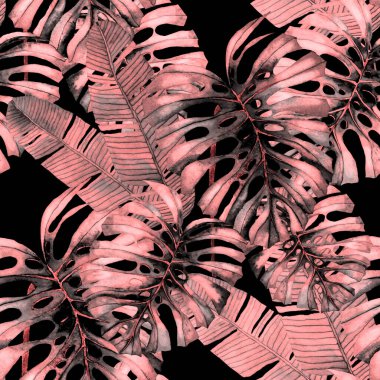 Tekstil tasarımı için suluboya tropikal yaprakları ve çiçekleri olan modern, soyut, dikişsiz desen. Geçmişe dönük parlak yaz geçmişi. Orman yaprakları çizimi. Mayo botanik tasarımı. Antika egzotik baskı.