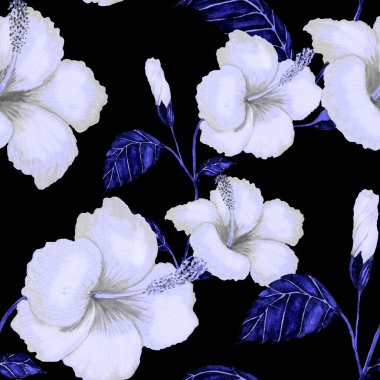 Tekstil tasarımı için suluboya tropikal yaprakları ve çiçekleri olan modern, soyut, dikişsiz desen. Geçmişe dönük parlak yaz geçmişi. Orman yaprakları çizimi. Mayo botanik tasarımı. Antika egzotik baskı.