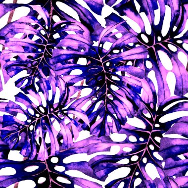 Tekstil tasarımı için suluboya tropikal yaprakları ve çiçekleri olan modern, soyut, dikişsiz desen. Geçmişe dönük parlak yaz geçmişi. Orman yaprakları çizimi. Mayo botanik tasarımı. Antika egzotik baskı.