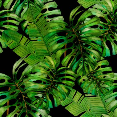Tekstil tasarımı için suluboya tropikal yaprakları ve çiçekleri olan modern, soyut, dikişsiz desen. Geçmişe dönük parlak yaz geçmişi. Orman yaprakları çizimi. Mayo botanik tasarımı. Antika egzotik baskı.