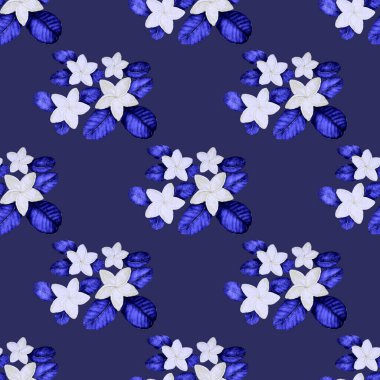 Tekstil tasarımı için suluboya tropikal yaprakları ve çiçekleri olan modern, soyut, dikişsiz desen. Geçmişe dönük parlak yaz geçmişi. Orman yaprakları çizimi. Mayo botanik tasarımı. Antika egzotik baskı.