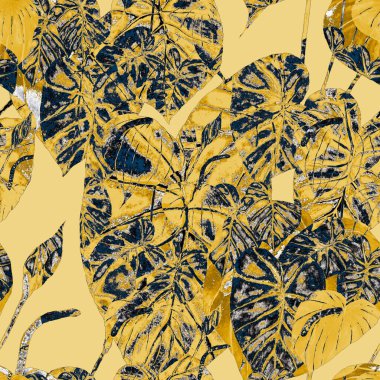 Tekstil tasarımı için suluboya tropikal yaprakları ve çiçekleri olan modern, soyut, dikişsiz desen. Geçmişe dönük parlak yaz geçmişi. Orman yaprakları çizimi. Mayo botanik tasarımı. Antika egzotik baskı.