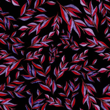 Tekstil tasarımı için suluboya tropikal yaprakları ve çiçekleri olan modern, soyut, dikişsiz desen. Geçmişe dönük parlak yaz geçmişi. Orman yaprakları çizimi. Mayo botanik tasarımı. Antika egzotik baskı.