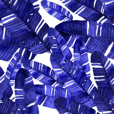 Tekstil tasarımı için suluboya tropikal yaprakları ve çiçekleri olan modern, soyut, dikişsiz desen. Geçmişe dönük parlak yaz geçmişi. Orman yaprakları çizimi. Mayo botanik tasarımı. Antika egzotik baskı.