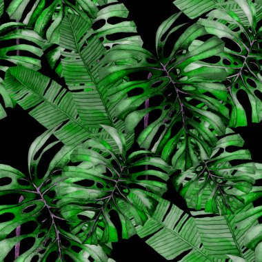 Tekstil tasarımı için suluboya tropikal yaprakları ve çiçekleri olan modern, soyut, dikişsiz desen. Geçmişe dönük parlak yaz geçmişi. Orman yaprakları çizimi. Mayo botanik tasarımı. Antika egzotik baskı.