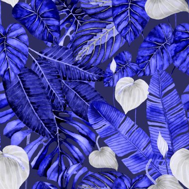 Tekstil tasarımı için suluboya tropikal yaprakları ve çiçekleri olan modern, soyut, dikişsiz desen. Geçmişe dönük parlak yaz geçmişi. Orman yaprakları çizimi. Mayo botanik tasarımı. Antika egzotik baskı.