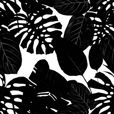 Tekstil tasarımı için suluboya tropikal yaprakları ve çiçekleri olan modern, soyut, dikişsiz desen. Geçmişe dönük parlak yaz geçmişi. Orman yaprakları çizimi. Mayo botanik tasarımı. Antika egzotik baskı.