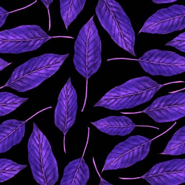 Tekstil tasarımı için suluboya tropikal yaprakları ve çiçekleri olan modern, soyut, dikişsiz desen. Geçmişe dönük parlak yaz geçmişi. Orman yaprakları çizimi. Mayo botanik tasarımı. Antika egzotik baskı.