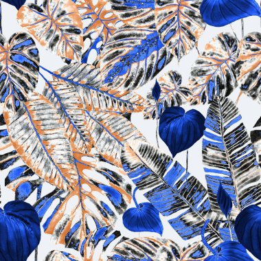 Tekstil tasarımı için suluboya tropikal yaprakları ve çiçekleri olan modern, soyut, dikişsiz desen. Geçmişe dönük parlak yaz geçmişi. Orman yaprakları çizimi. Mayo botanik tasarımı. Antika egzotik baskı.