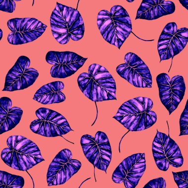 Tekstil tasarımı için suluboya tropikal yaprakları ve çiçekleri olan modern, soyut, dikişsiz desen. Geçmişe dönük parlak yaz geçmişi. Orman yaprakları çizimi. Mayo botanik tasarımı. Antika egzotik baskı.