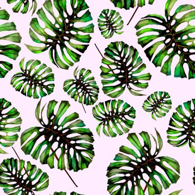 Tekstil tasarımı için suluboya tropikal yaprakları ve çiçekleri olan modern, soyut, dikişsiz desen. Geçmişe dönük parlak yaz geçmişi. Orman yaprakları çizimi. Mayo botanik tasarımı. Antika egzotik baskı.