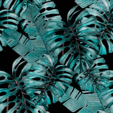 Tekstil tasarımı için suluboya tropikal yaprakları ve çiçekleri olan modern, soyut, dikişsiz desen. Geçmişe dönük parlak yaz geçmişi. Orman yaprakları çizimi. Mayo botanik tasarımı. Antika egzotik baskı.