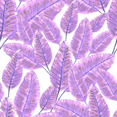 Tekstil tasarımı için suluboya tropikal yaprakları ve çiçekleri olan modern, soyut, dikişsiz desen. Geçmişe dönük parlak yaz geçmişi. Orman yaprakları çizimi. Mayo botanik tasarımı. Antika egzotik baskı.