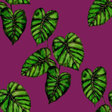 Tekstil tasarımı için suluboya tropikal yaprakları ve çiçekleri olan modern, soyut, dikişsiz desen. Geçmişe dönük parlak yaz geçmişi. Orman yaprakları çizimi. Mayo botanik tasarımı. Antika egzotik baskı.