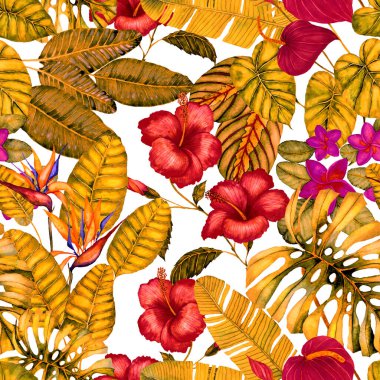 Tekstil tasarımı için suluboya tropikal yaprakları ve çiçekleri olan modern, soyut, dikişsiz desen. Geçmişe dönük parlak yaz geçmişi. Orman yaprakları çizimi. Mayo botanik tasarımı. Antika egzotik baskı.
