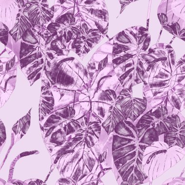 Tekstil tasarımı için suluboya tropikal yaprakları ve çiçekleri olan modern, soyut, dikişsiz desen. Geçmişe dönük parlak yaz geçmişi. Orman yaprakları çizimi. Mayo botanik tasarımı. Antika egzotik baskı.