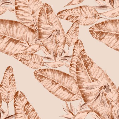 Tekstil tasarımı için suluboya tropikal yaprakları ve çiçekleri olan modern, soyut, dikişsiz desen. Geçmişe dönük parlak yaz geçmişi. Orman yaprakları çizimi. Mayo botanik tasarımı. Antika egzotik baskı.