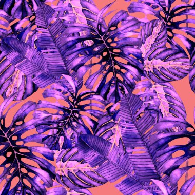 Tekstil tasarımı için suluboya tropikal yaprakları ve çiçekleri olan modern, soyut, dikişsiz desen. Geçmişe dönük parlak yaz geçmişi. Orman yaprakları çizimi. Mayo botanik tasarımı. Antika egzotik baskı.