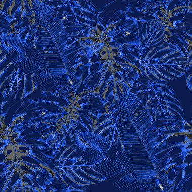 Tekstil tasarımı için suluboya tropikal yaprakları ve çiçekleri olan modern, soyut, dikişsiz desen. Geçmişe dönük parlak yaz geçmişi. Orman yaprakları çizimi. Mayo botanik tasarımı. Antika egzotik baskı.