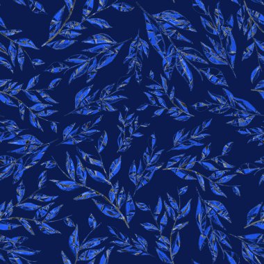 Tekstil tasarımı için suluboya tropikal yaprakları ve çiçekleri olan modern, soyut, dikişsiz desen. Geçmişe dönük parlak yaz geçmişi. Orman yaprakları çizimi. Mayo botanik tasarımı. Antika egzotik baskı.