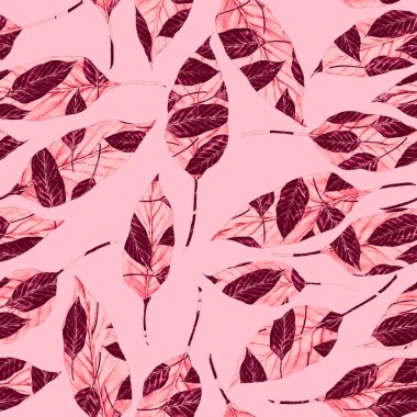 Tekstil tasarımı için suluboya tropikal yaprakları ve çiçekleri olan modern, soyut, dikişsiz desen. Geçmişe dönük parlak yaz geçmişi. Orman yaprakları çizimi. Mayo botanik tasarımı. Antika egzotik baskı.