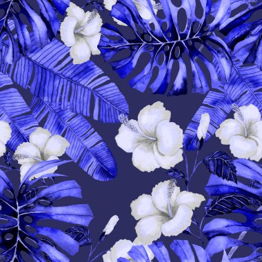 Tekstil tasarımı için suluboya tropikal yaprakları ve çiçekleri olan modern, soyut, dikişsiz desen. Geçmişe dönük parlak yaz geçmişi. Orman yaprakları çizimi. Mayo botanik tasarımı. Antika egzotik baskı.