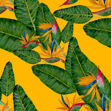 Tekstil tasarımı için suluboya tropikal yaprakları ve çiçekleri olan modern, soyut, dikişsiz desen. Geçmişe dönük parlak yaz geçmişi. Orman yaprakları çizimi. Mayo botanik tasarımı. Antika egzotik baskı.