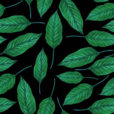 Tekstil tasarımı için suluboya tropikal yaprakları ve çiçekleri olan modern, soyut, dikişsiz desen. Geçmişe dönük parlak yaz geçmişi. Orman yaprakları çizimi. Mayo botanik tasarımı. Antika egzotik baskı.