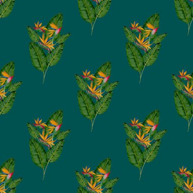 Tekstil tasarımı için suluboya tropikal yaprakları ve çiçekleri olan modern, soyut, dikişsiz desen. Geçmişe dönük parlak yaz geçmişi. Orman yaprakları çizimi. Mayo botanik tasarımı. Antika egzotik baskı.