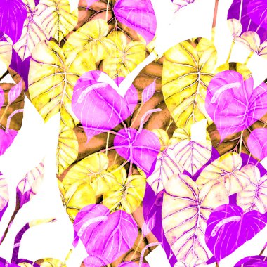 Tekstil tasarımı için suluboya tropikal yaprakları ve çiçekleri olan modern, soyut, dikişsiz desen. Geçmişe dönük parlak yaz geçmişi. Orman yaprakları çizimi. Mayo botanik tasarımı. Antika egzotik baskı.