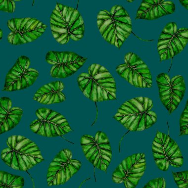 Tekstil tasarımı için suluboya tropikal yaprakları ve çiçekleri olan modern, soyut, dikişsiz desen. Geçmişe dönük parlak yaz geçmişi. Orman yaprakları çizimi. Mayo botanik tasarımı. Antika egzotik baskı.