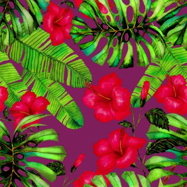 Tekstil tasarımı için suluboya tropikal yaprakları ve çiçekleri olan modern, soyut, dikişsiz desen. Geçmişe dönük parlak yaz geçmişi. Orman yaprakları çizimi. Mayo botanik tasarımı. Antika egzotik baskı.