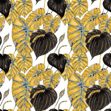 Tekstil tasarımı için suluboya tropikal yaprakları ve çiçekleri olan modern, soyut, dikişsiz desen. Geçmişe dönük parlak yaz geçmişi. Orman yaprakları çizimi. Mayo botanik tasarımı. Antika egzotik baskı.