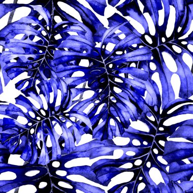 Tekstil tasarımı için suluboya tropikal yaprakları ve çiçekleri olan modern, soyut, dikişsiz desen. Geçmişe dönük parlak yaz geçmişi. Orman yaprakları çizimi. Mayo botanik tasarımı. Antika egzotik baskı.