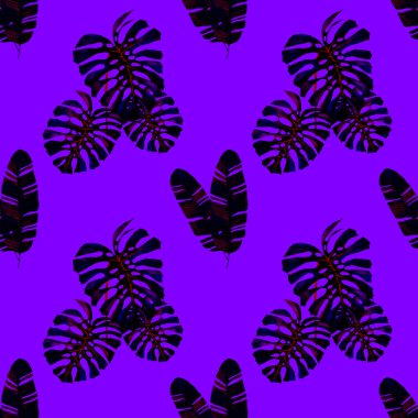 Tekstil tasarımı için suluboya tropikal yaprakları ve çiçekleri olan modern, soyut, dikişsiz desen. Geçmişe dönük parlak yaz geçmişi. Orman yaprakları çizimi. Mayo botanik tasarımı. Antika egzotik baskı.