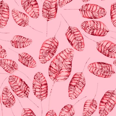 Tekstil tasarımı için suluboya tropikal yaprakları ve çiçekleri olan modern, soyut, dikişsiz desen. Geçmişe dönük parlak yaz geçmişi. Orman yaprakları çizimi. Mayo botanik tasarımı. Antika egzotik baskı.