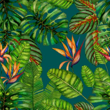 Tekstil tasarımı için suluboya tropikal yaprakları ve çiçekleri olan modern, soyut, dikişsiz desen. Geçmişe dönük parlak yaz geçmişi. Orman yaprakları çizimi. Mayo botanik tasarımı. Antika egzotik baskı.