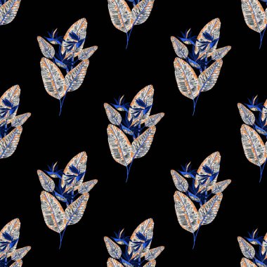 Tekstil tasarımı için suluboya tropikal yaprakları ve çiçekleri olan modern, soyut, dikişsiz desen. Geçmişe dönük parlak yaz geçmişi. Orman yaprakları çizimi. Mayo botanik tasarımı. Antika egzotik baskı.