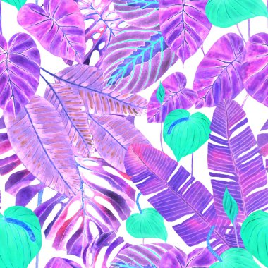 Tekstil tasarımı için suluboya tropikal yaprakları ve çiçekleri olan modern, soyut, dikişsiz desen. Geçmişe dönük parlak yaz geçmişi. Orman yaprakları çizimi. Mayo botanik tasarımı. Antika egzotik baskı.