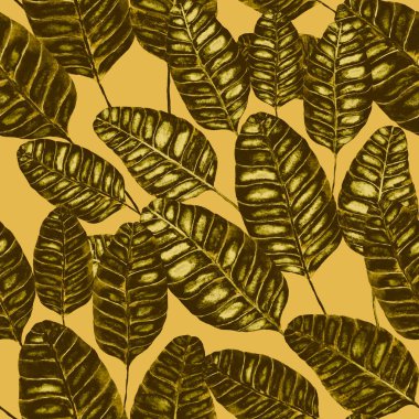 Tekstil tasarımı için suluboya tropikal yaprakları ve çiçekleri olan modern, soyut, dikişsiz desen. Geçmişe dönük parlak yaz geçmişi. Orman yaprakları çizimi. Mayo botanik tasarımı. Antika egzotik baskı.