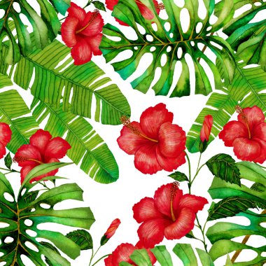 Tekstil tasarımı için suluboya tropikal yaprakları ve çiçekleri olan modern, soyut, dikişsiz desen. Geçmişe dönük parlak yaz geçmişi. Orman yaprakları çizimi. Mayo botanik tasarımı. Antika egzotik baskı.