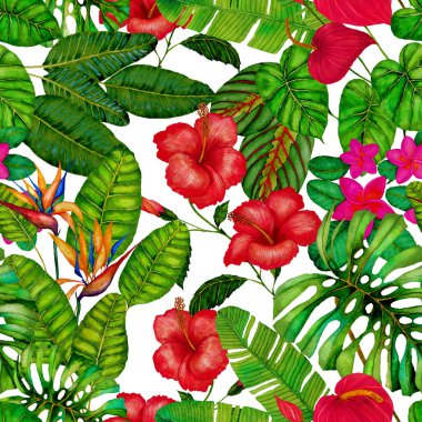 Tekstil tasarımı için suluboya tropikal yaprakları ve çiçekleri olan modern, soyut, dikişsiz desen. Geçmişe dönük parlak yaz geçmişi. Orman yaprakları çizimi. Mayo botanik tasarımı. Antika egzotik baskı.