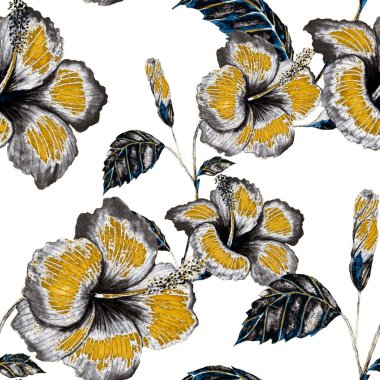 Tekstil tasarımı için suluboya tropikal yaprakları ve çiçekleri olan modern, soyut, dikişsiz desen. Geçmişe dönük parlak yaz geçmişi. Orman yaprakları çizimi. Mayo botanik tasarımı. Antika egzotik baskı.