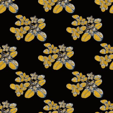 Tekstil tasarımı için suluboya tropikal yaprakları ve çiçekleri olan modern, soyut, dikişsiz desen. Geçmişe dönük parlak yaz geçmişi. Orman yaprakları çizimi. Mayo botanik tasarımı. Antika egzotik baskı.